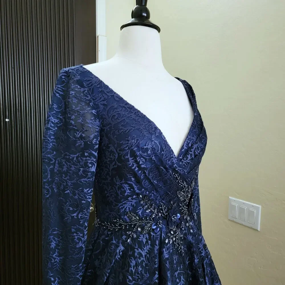 Mac Duggal 112181 Navy Blue Long Sleeve Floral Midi Tea Length Formal Dress 4 - Picture 7 of 11